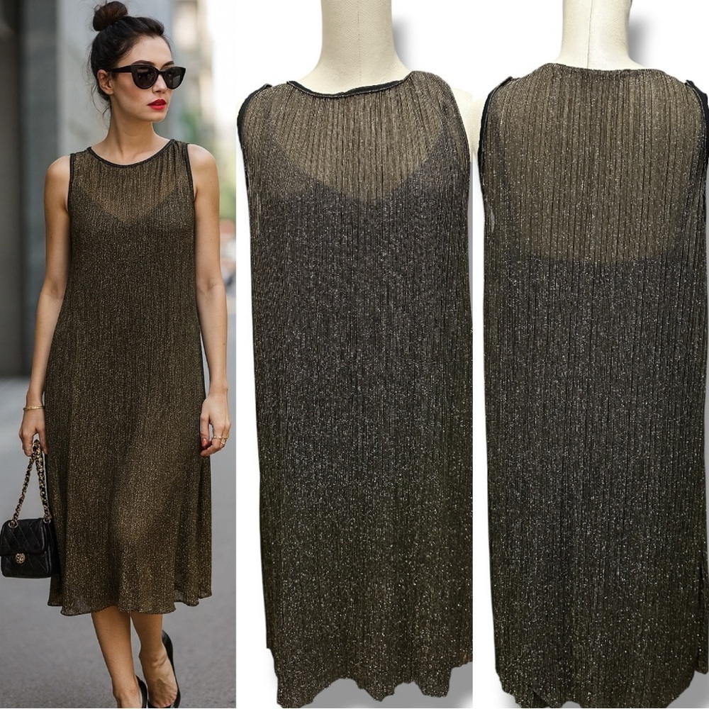 303 MANGO Suit | NWOT Turkey Metallic Gold Shimmer Sleeveless Midi Dress (Sz M)